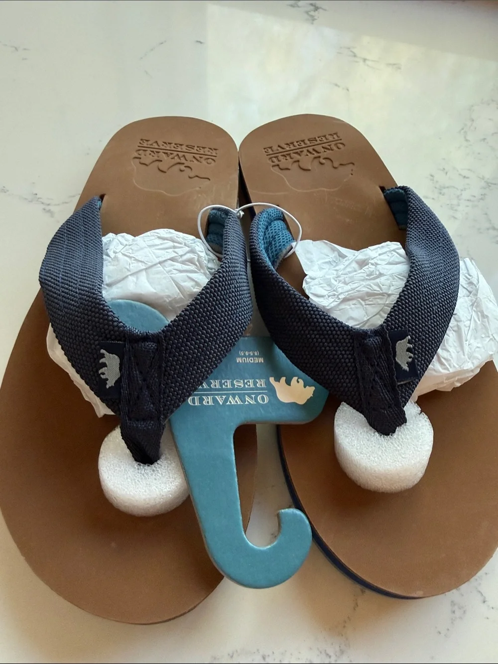 Onward Reserve Leather Flip Flop Sandals  Navy Nylon Straps Size Medium 8.5-9.5